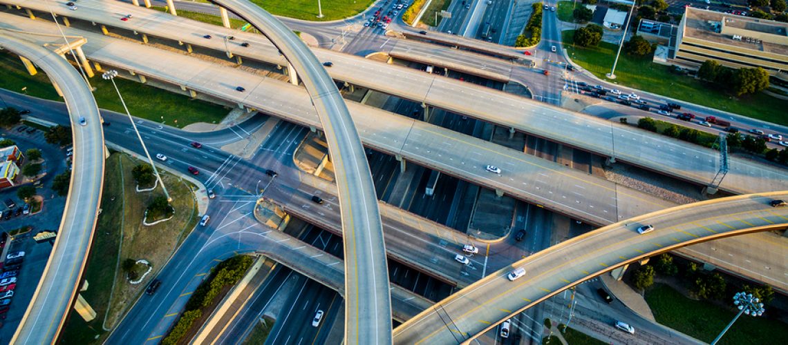 Interchange , Loops , and Highways Interstate 35 and Toll Road 45 Austin Texas Transportation. Intersections at busy Round Rock - Austin Texas Interstate and Highways crossing and turning. Aerial Drone Bird`s eye view of Texas Hill Country highways